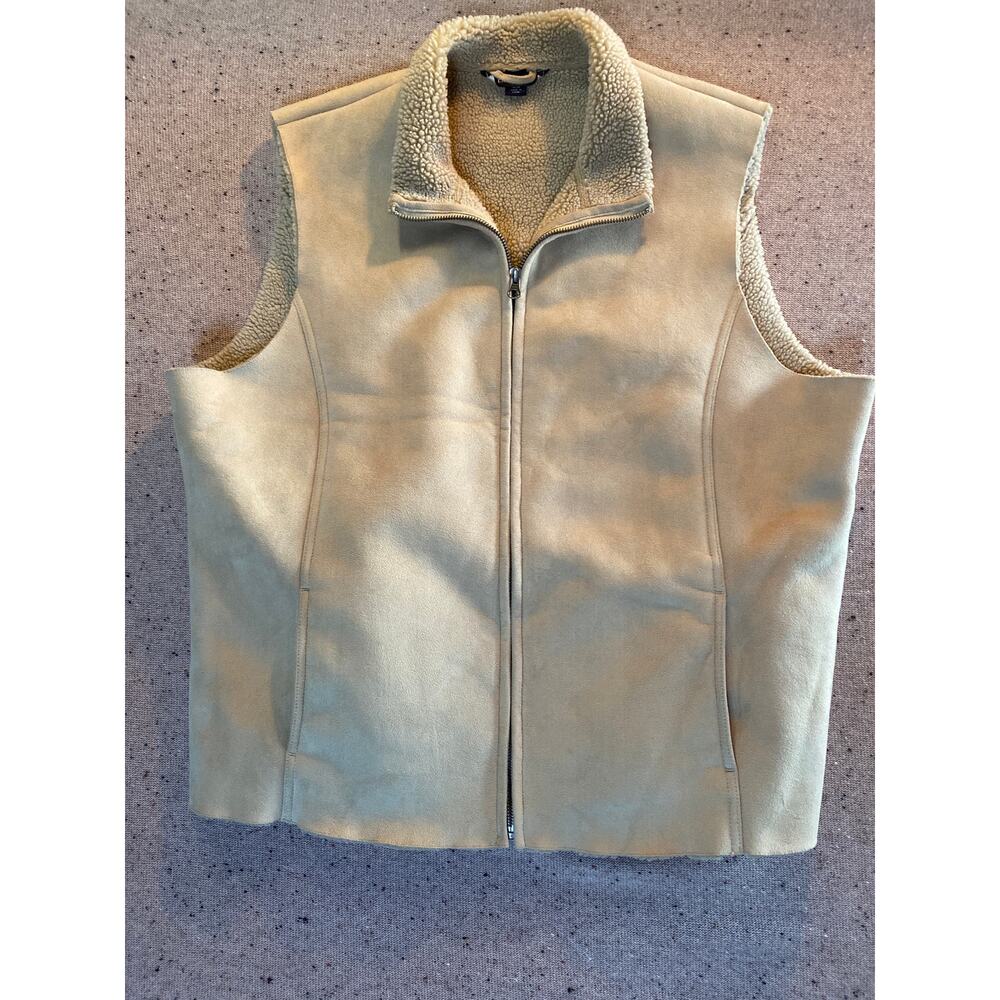 Lands End Faux Suede Shearling Vest Women's XL Tan Cabincore Heritage